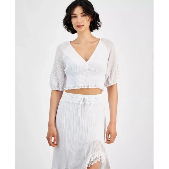 GUESS Women's Top Sz S Ariana Smocked Cropped - Picture 1 of 3
